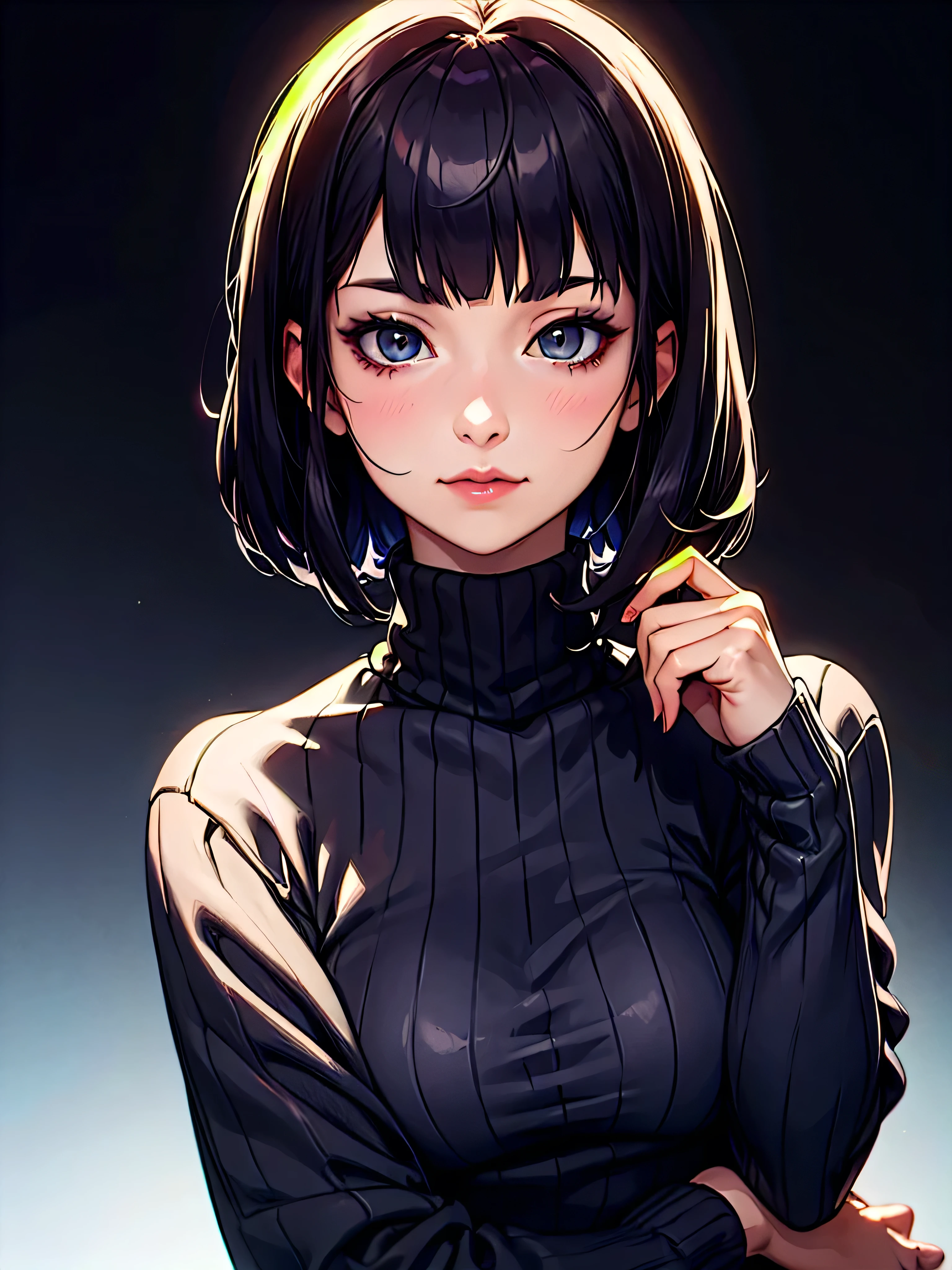 ((Portrait)), She has a Relaxed and Pretty Appearance, with Youthful Charm, Fair Skin and a Chubby Build. She Expresses a Warm and Kind Look, Giving Off a Friendly Attitude. She has Light Gray Eyes, and Her Hair is Short and Bob-Style, Jet Black, with a Blunt Bangs. She Wears a Large, Thigh-Length Dark Blue Woolen Sweater, with Long Sleeves and Turtleneck, and a Black Pantyhose. ((Portrait, HDR, Dark Background))