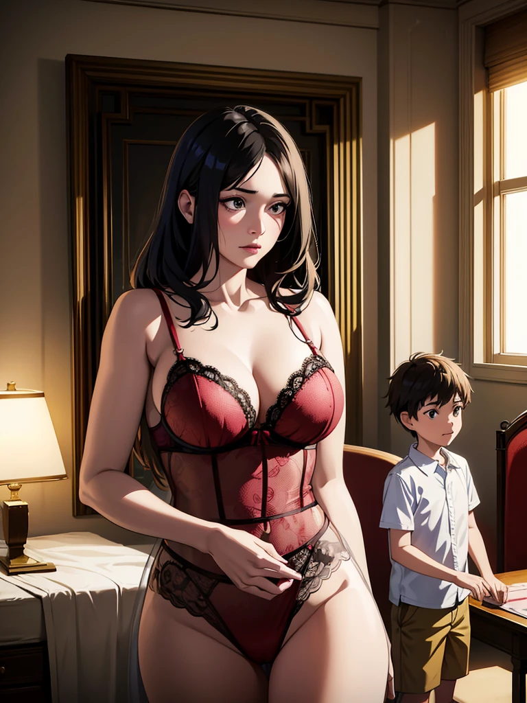 Hyper-realistic scene of incest mom and son in the bedroom, mom standing in front of her son showing her lingerie, son sit in the chair watching his mother body, mom face is flushing, 8k, cinematic light, realistic photo, octane rendering, centered, Masterpiece, 35mm,