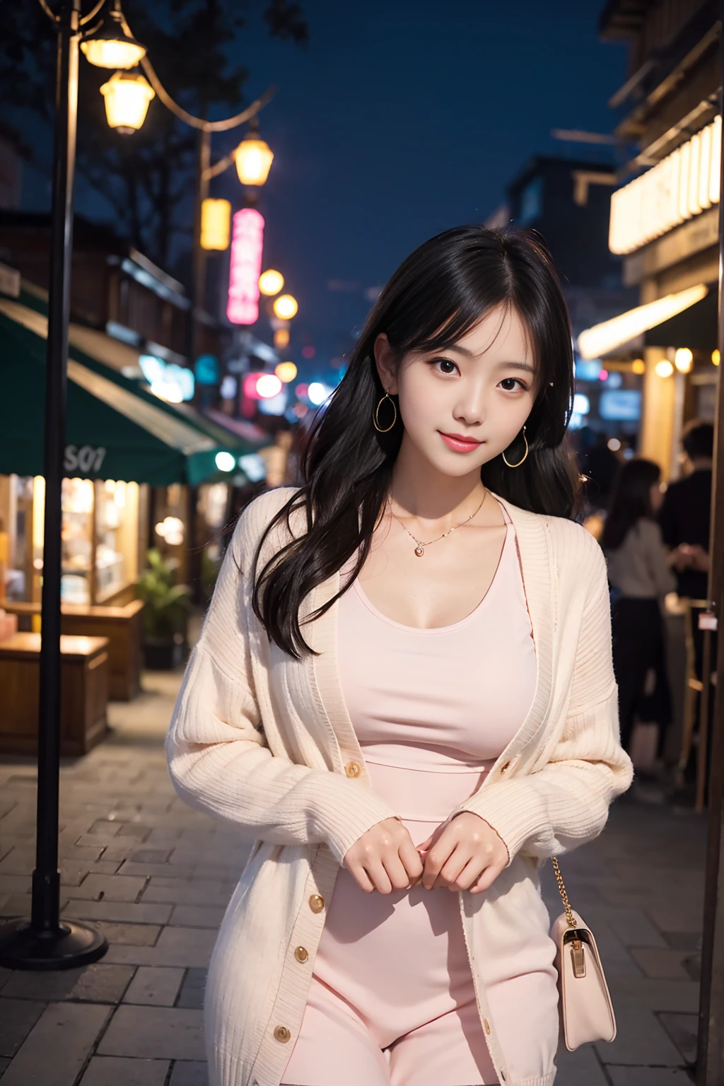 「Beautiful Japanese woman in her early 20edium-long, lightly wavy black hair style。A kind smile。She is wearing a tight pastel pink dress.、A fitted top that accentuates large breasts、A tight skirt that accentuates the thighs and buttocks。Wear a thin white cardigan、She is wearing a small necklace and earrings。With clear skin、Photorealistic but with a touch of anime。Night city background、A date scene in front of a cafe or restaurant with shining illuminations。With a small handbag in her hand、Talking while walking。In a romantic atmosphere、Background with hazy light effect。Poses and angles that emphasize the female curves。」