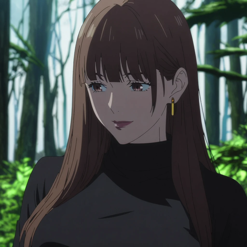 1girl, female gojo satoru, anime screencap from jujutsu kaisen, gojo satoru female version, solo, long_straight hair, blue eyes ((Dark Brown_hair, straight hair)), forest background (hanging breasts) upper_body, smile, brown_eyes, lips (straight hair) (wearing round sunglasses) ((wearing black sweater outfit)) breast, "very detailed and high resolution" (brown eyes)  ((solo)) (front view) (earings) ((high resolution)) ((good quality)) ((side bangs)) 