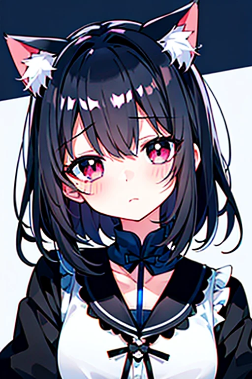 （eyeの焦点,face,close:0.5）,blush,（Expressionless:0.7）,One girl,Focus Only,前hair,Dutch Angle,~ side,Tilt your head,From above,black_hair,Cat ear（white）,Cat&#39;s Tail（white）,Frilled Chalk,Long skirt_dress,（Small Tits）,pink_eye,My Room,in house,Relax in your room