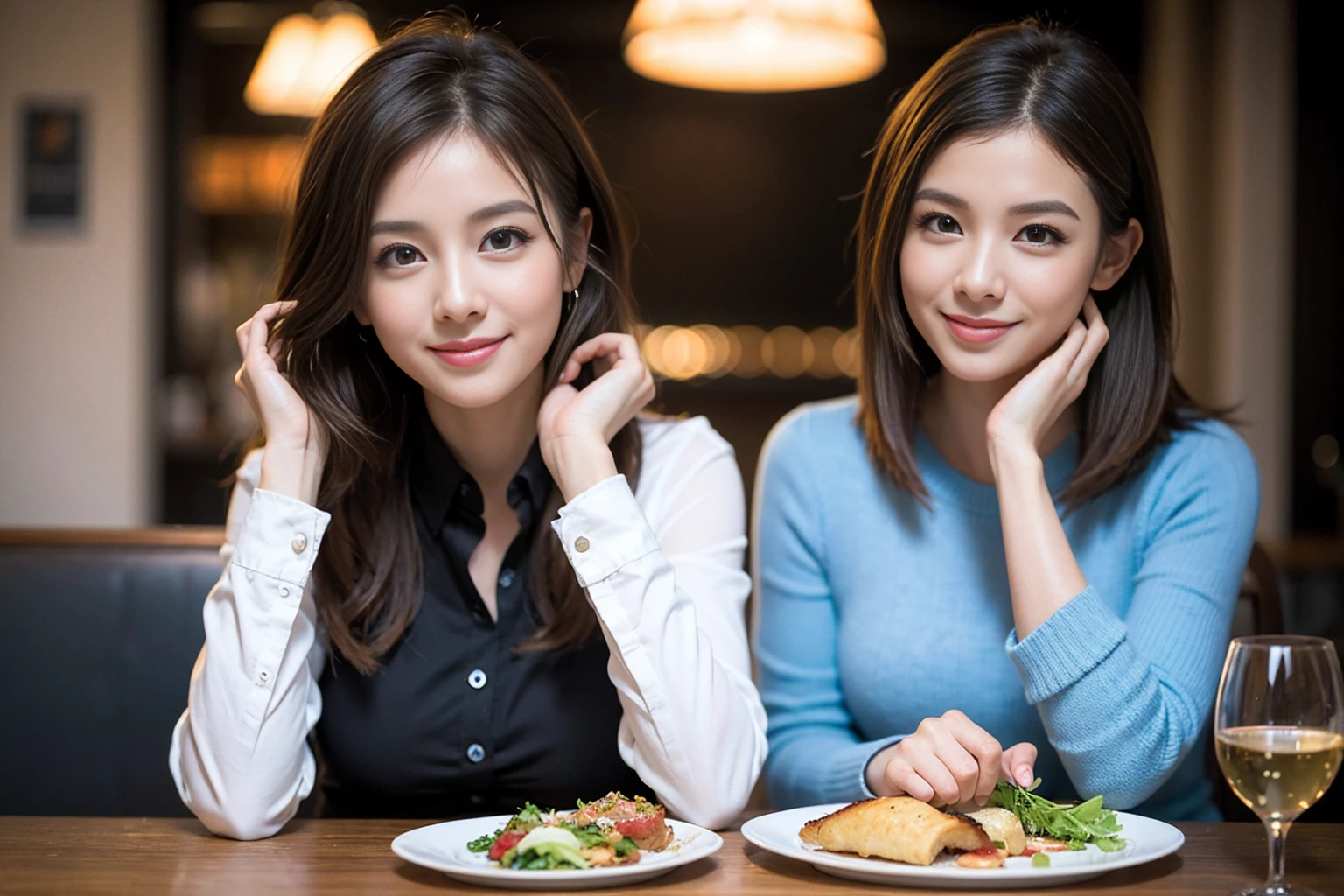 ((Highest quality、8K、masterpiece:1.3))、slimカップル、modelカップル、(Realistic, Intricate details:1.2), full-course dinner、Wine Party、Amazing view of the sunset sky and clouds、A bright smile、The wonderfulness of smile、Bright image、The beauty of wine, Beautiful Face, blue eyes, The light shines on your face, Blushing, short hair,Bright Face、 (Age 37), 39 years old, red wine 、Appetizers、Italian food、Wine bottle、Champagne、sparkling wine、Two beauties、Brown Hair、Shortcuts、Long sleeve shirt、dress、Beautiful woman 1, (slimな顔), (The body is slim), (Brown Hair), (Shortcuts), cheeks turn a little red,Attractive beauty、restaurant, In a prominent place (From the waist up) Nova Frog Style, actress, model, Upper Body, White wine, slim, wine glass, 中央に置かれたwine glass, smile, (smile: 1.15), Beautiful fine grain, Depth f/2,saturation, High Contrast, Strong light and shadow,Moist Body:1.5、3D texture、Delicate eyes、Brown Hair、The hair is very shiny、