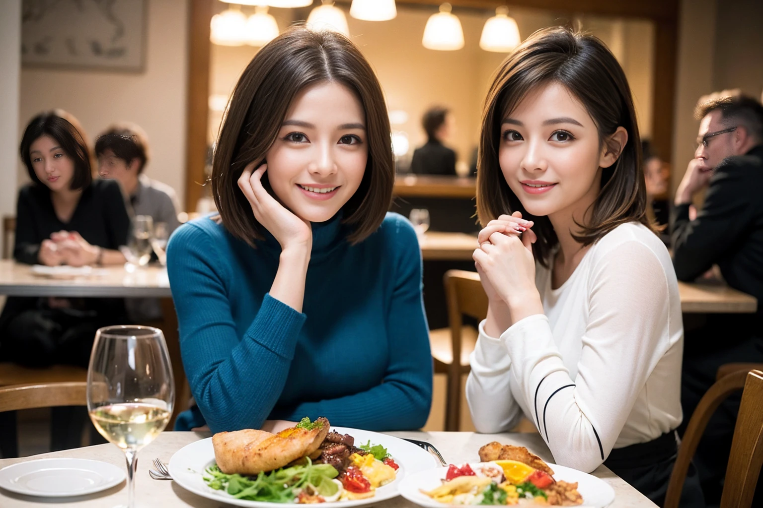 ((Highest quality、8K、masterpiece:1.3))、slimカップル、modelカップル、(Realistic, Intricate details:1.2), full-course dinner、Wine Party、Amazing view of the sunset sky and clouds、A bright smile、The wonderfulness of smile、Bright image、The beauty of wine, Beautiful Face, blue eyes, The light shines on your face, Blushing, short hair,Bright Face、 (Age 37), 39 years old, red wine 、Appetizers、Italian food、Wine bottle、Champagne、sparkling wine、Two beauties、Brown Hair、Shortcuts、Long sleeve shirt、dress、Beautiful woman 1, (slimな顔), (The body is slim), (Brown Hair), (Shortcuts), cheeks turn a little red,Attractive beauty、restaurant, In a prominent place (From the waist up) Nova Frog Style, actress, model, Upper Body, White wine, slim, wine glass, 中央に置かれたwine glass, smile, (smile: 1.15), Beautiful fine grain, Depth f/2,saturation, High Contrast, Strong light and shadow,Moist Body:1.5、3D texture、Delicate eyes、Brown Hair、The hair is very shiny、