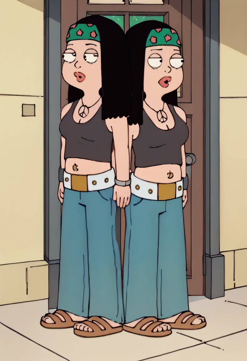 Hayley Smith, black hair, black crop top, large breasts, cleavage, blue jeans, sandals