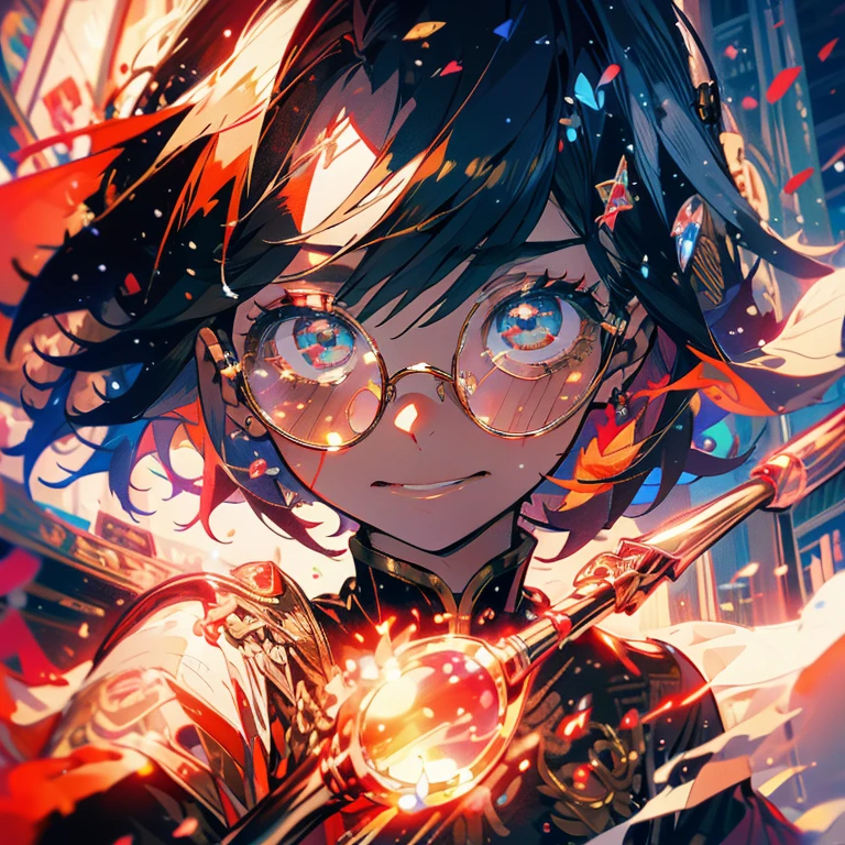 Highest quality、masterpiece、girl、shrine、pray、Round glasses、Red and black hair、short hair