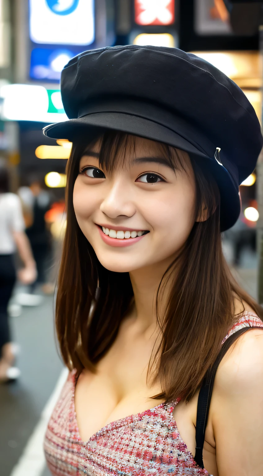 masterpiece,best quality,(Japanese ),((Beautiful girl)),cleavage,(perfect body beauty:1.2),(shy smile),beautiful teeth,(hat),(Shibuya scramble crossing),