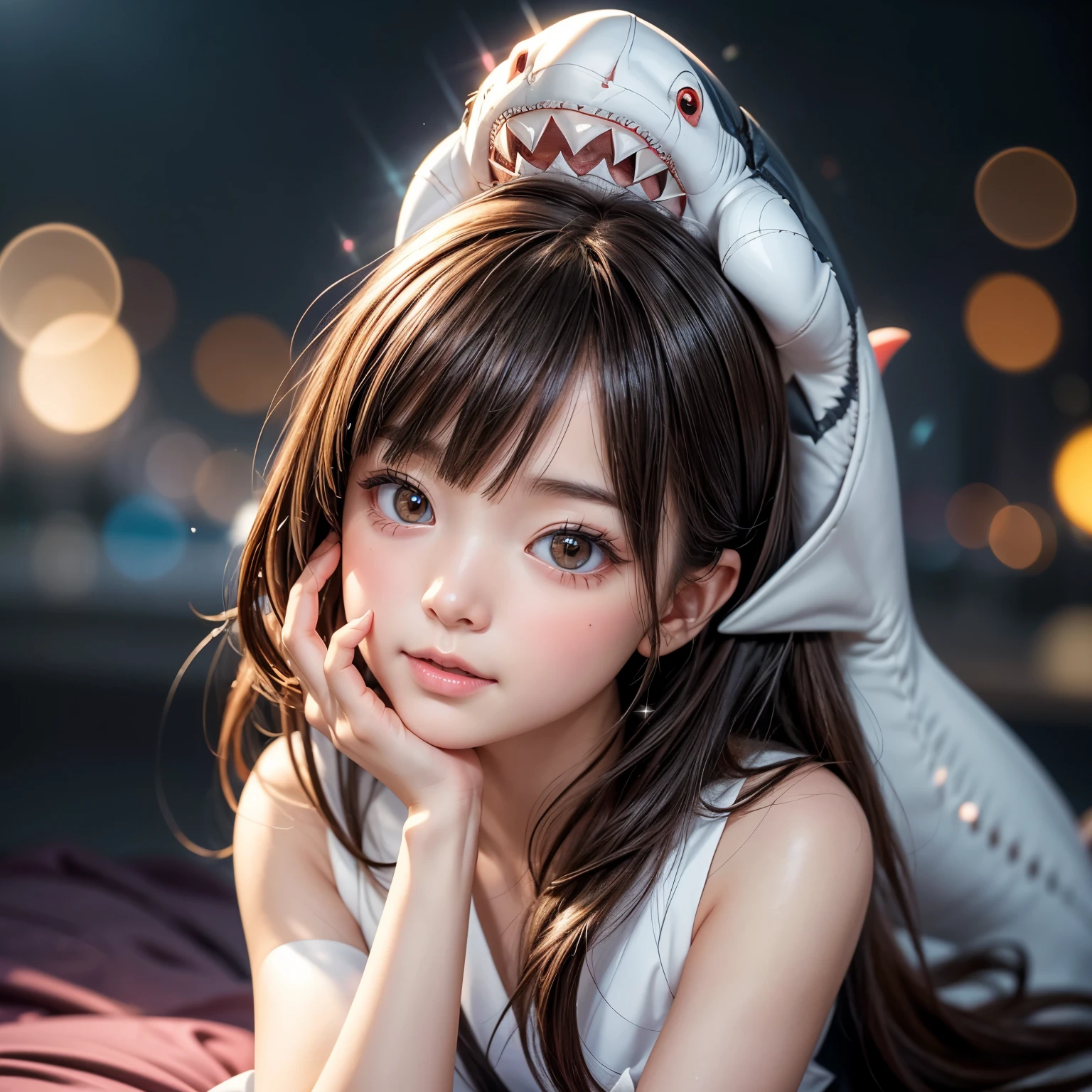  ((Skinny Shark BodySuit, (Stuffed shark head hat)with White Teeth)), 8k, High-level, absurd, masterpiece, best quality, primitive, very detailed CG, very detailed wallpaper, perfect lighting, Extremely detailed ((( personifying " Shark" as a ))), MysticSight, Tyndall effect, Tyndall scattering, (Studio gray background with (Overflowing oodles Dazzling RainbowColorParticles (BokeH))), (Blood Red short hair, RoundlyButts, Leg Fins installed), (Exposed:0.4), (Assfocus with looking ahead) BREAK  (Acutance:0.88), (NOGIZAKA face variations) Extremely Detailed very KAWAII face variations, perfect anatomy, Childish, CaptivatingGaze ElaboratePupils detailed Eyes with (sparkling highlights:1.28), (Voluminous LongEyelashes:0.88)、GlossyRED Lips with beautiful details, RosyCheeks, Radiant PearlSkin with Transparency . { (Dynamic LifeLike expressions:1.4) | (:d) }, (large eyes:-1) . ((animal ears:-1.2))