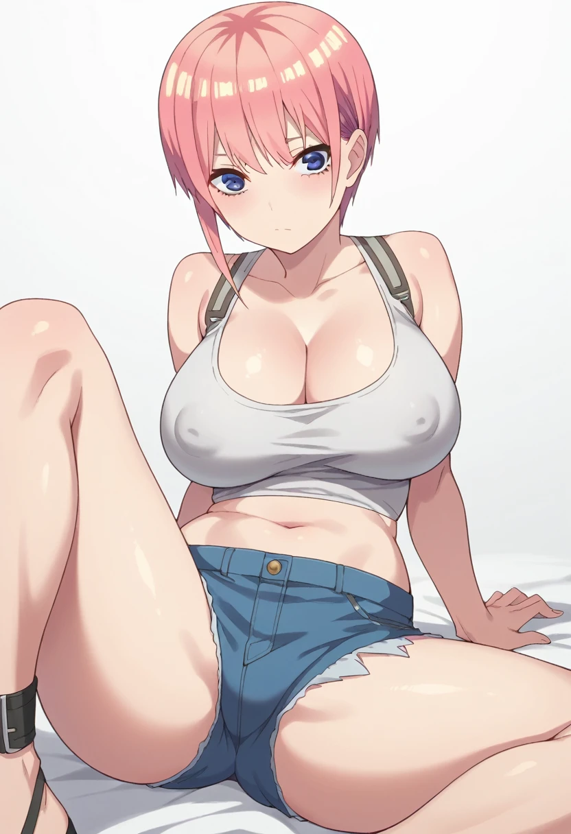 Nakano Ichika, Super Short Hair, bangs, blue eyes, Hair ween the eyes, Pink Hair, , Bigini short jeans skirt, grey seamless cami top with shoulder straps, size small, Medium breasts, Erects, exposely botrawny:1.7, cleavage, Exposed Thigh, big breal breasts, ankle, Spread