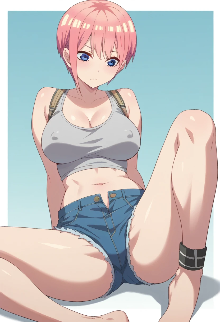 Nakano Ichika, Super Short Hair, bangs, blue eyes, Hair between the eyes, Pink Hair, , Big Breasts, Mini short jeans skirt, grey seamless cami top with shoulder straps, size small, Medium breasts, Erect nipples, exposed belly bottom, Scrawny:1.7, cleavage, Exposed Thigh, big breasts, ball breasts, ankle, Spread legs wide,