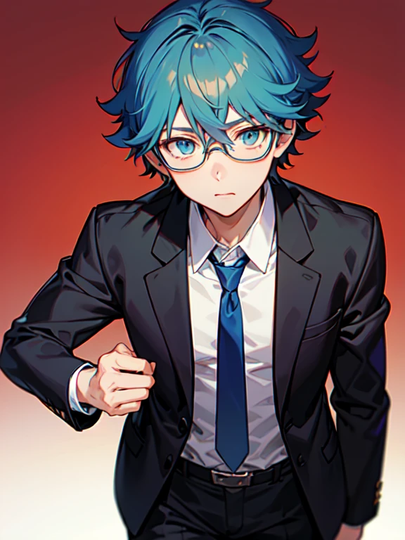 Anime boy Spectacled and tie looking at the camera, Based on Okumura Togyu, anime moe artstyle, 2D anime style, Tall anime guy with blue eyes, inspired by Okumura Masanobu, Anime boy, young anime fan, made in an anime artist&#39;s studio, [[[[grinning evilly]]]], Spectacled