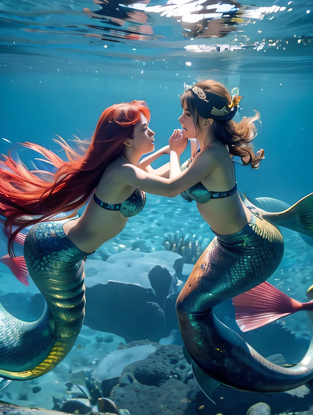 Pretty mermaids fight each other