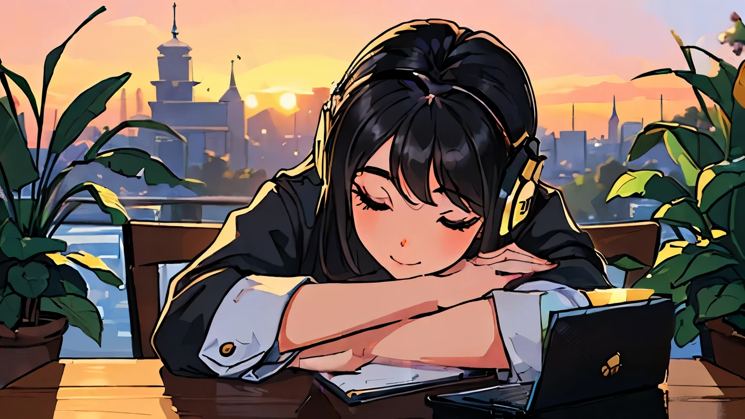 ( high quality , Highly detailed hands ) ( careful hand ) ((masterpiece)),(((最high quality))),((Super detailed)) Realistically, 1 Girl, beautiful, (Stylish cafe),(iced coffee),table,Headphones,(A beautiful girl with black hair studying on a 16-inch laptop while listening to music),Warm lighting,Sunset landscape,(Close ~ eyes),Smile(Close your mouth),Background body,Foliage plant