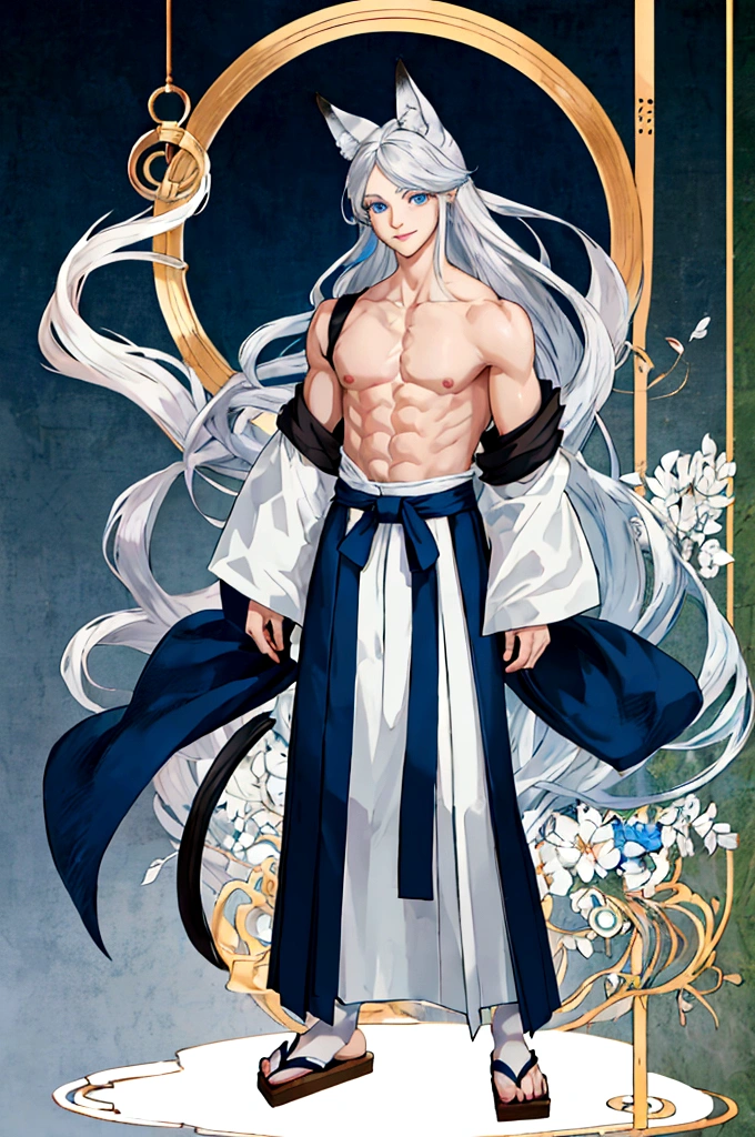 Grown-up guy, Long white hair, Fox ears, violet eyes, Smile, open kimono, open torso, Masterpiece, hiquality