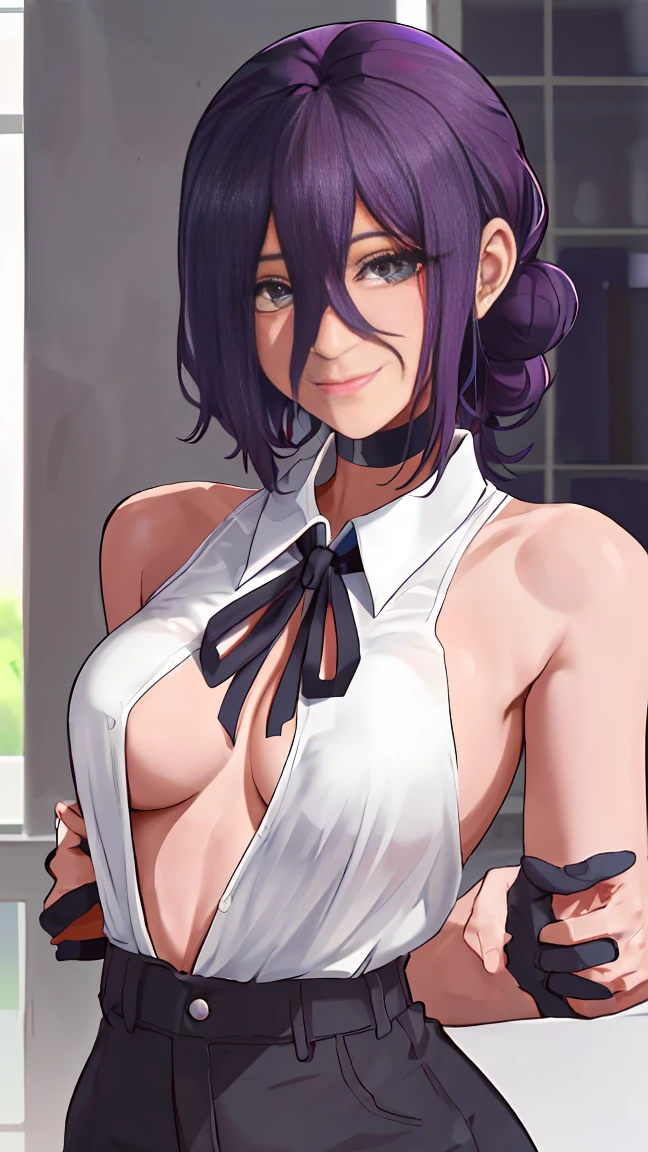 1 деVушка, portrait of the beautiful RezeCSM, One, Looking_V_viewer, smile, holds his hands behind his back, Vо Vесь рост (body полностью 1.1.) shirt, white_shirt, breast, V бассейне (The Japanese School), праVильная анатомия 1.1., с Vоротником_shirt, Vолосы_Good, Vерхний_body, Без рукаVоV, black_tape, tape, Без рукаVоV_shirt, only_shoulders, Vолосы_Good, middle_breast, фиолетоVый_Vолосы, black_gloves, gloves, объемное осVещение, Лучшее качестVо, шедеVр, intricVe details, tone mapping, sharp focus, hyper detailed, trending on ArtstVion,