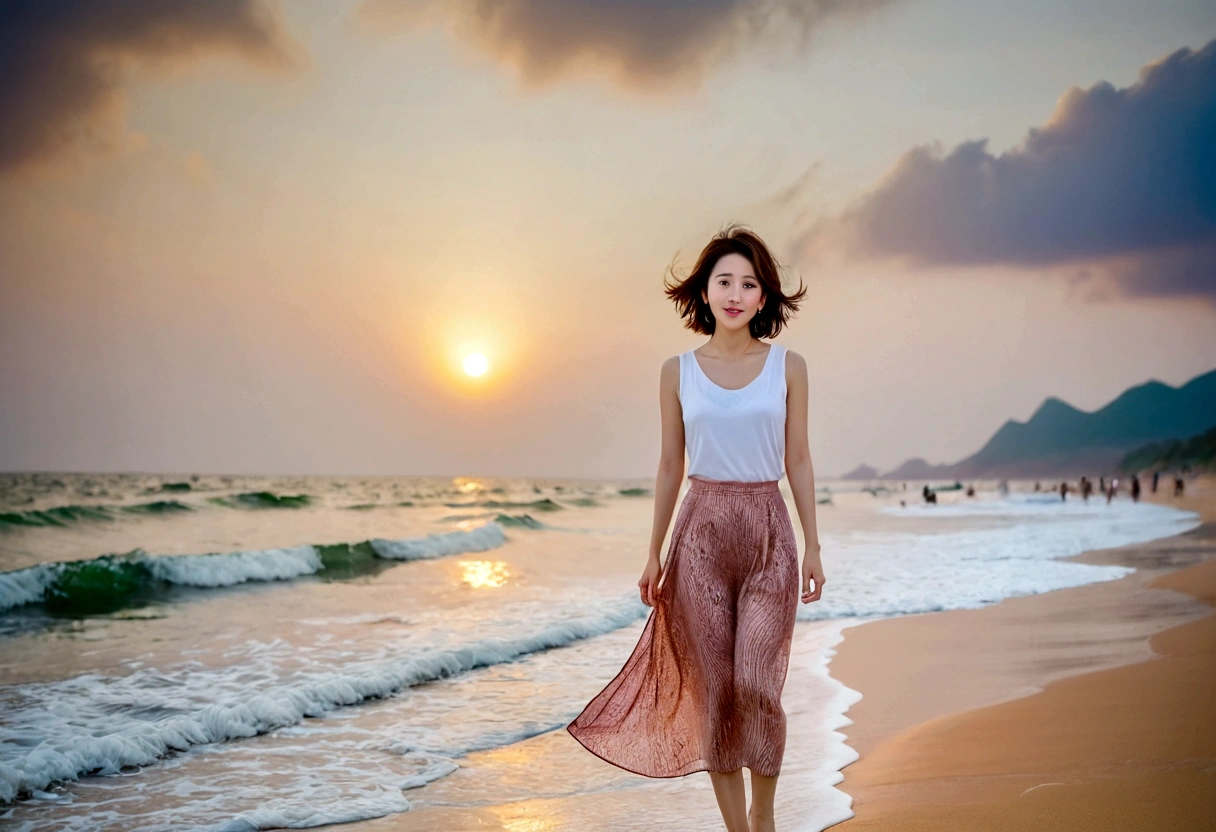 sunset on the beach,바다에 잔광이 비치네sunset on the beach 붉은 태양,A strong afterglow is reflected in the sea., Beautiful 46 year old short Korean woman, Chest size 34 inches, Wear sleeveless, light skirt. beautiful pretty woman look , wearing a light skirt , Go far into the sea water and dip your toes., Short medium hair blowing in the wind, 1 short woman, beautiful eyes, a little smile, Full body photo from a distance with a wide angle lens, The background is clear and perfect, waves driven by the wind, best high definition
