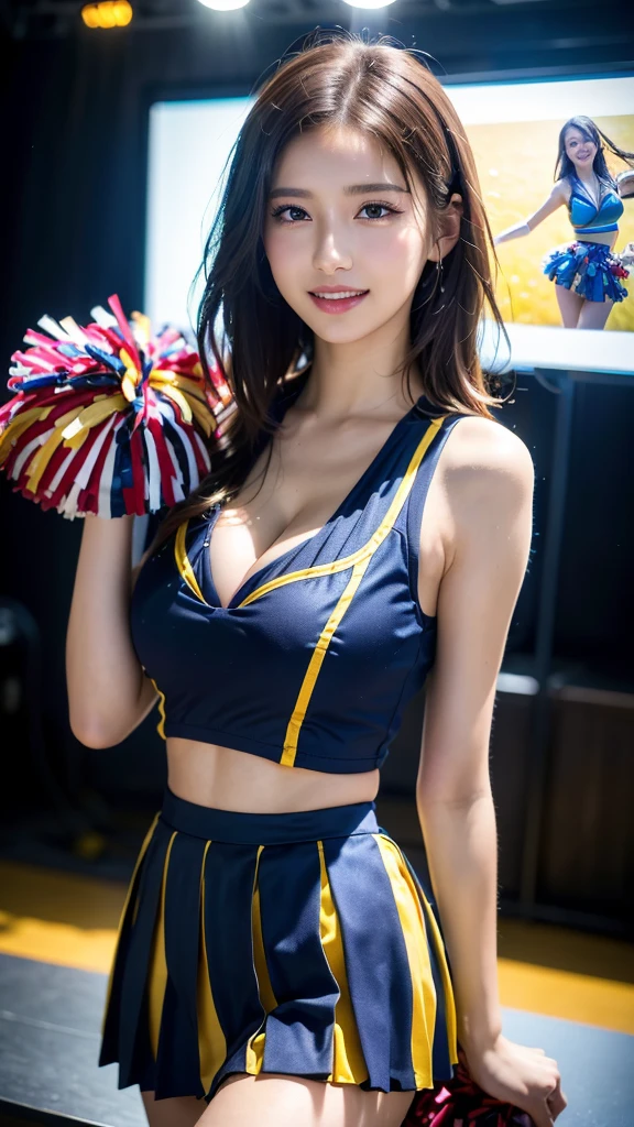 (8K, RAW Photos, Highest quality, Tabletop:1.2 (Realistic, Photorealistic:1.37),One Girl, Professional Lighting, Photon Mapping, Radio City, RAW Photos、(Photorealistic:1.4)、Octane Rendering、Complex 3D rendering with ultra-detail, Studio Soft Light, Rim Light, Vivid details, Super Detail, Realistic skin texture, Detailed aspect, Beautiful details in the eyes, Highly detailed CG Unity 16k wallpaper, compensate, (Detailed Background:1.2),Highest quality, Ultra-high resolution, Tabletop, One Girl,Brown Hair,(short hair), 20-year-old,((Colorful cheerleader costumes、Cheerleader Outfits)), Cute face、((Pleated skirt))、Nogizaka Idol、Chinese Idol、Japan is an idol、((Cleavage)),Smile