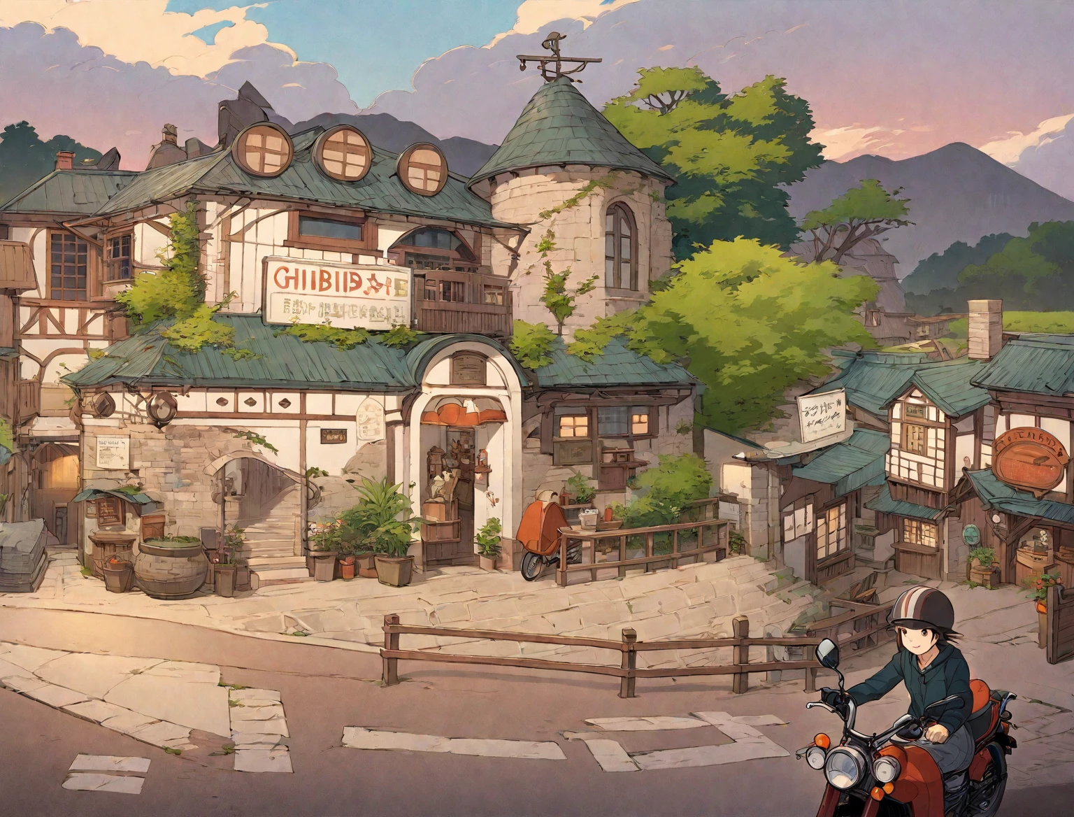 Anime style illustration of a small town with a motorbike and a man riding it, Anime scenery concept art, Ghibli Studio Anime Style, Ghibli Studio Style, By Akihiko Yoshida, Painted in an anime artist&#39;s studio, studio ghibli environment, studio Ghibli art style, studio ghibli scheme, Ghibli art style, Studio Ghibli's smooth concept art, ghibli studio art, Anime Background Art