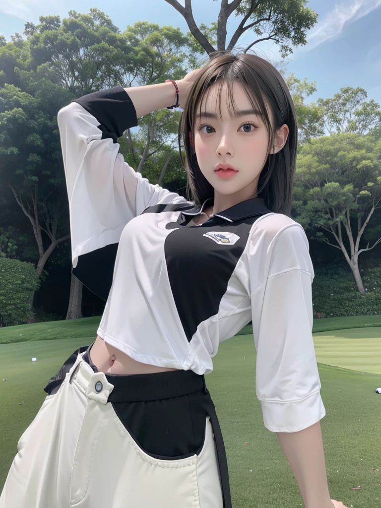 Beautiful girl with big, golf uniform,be a golfer,There was an old black man as a trainer.,golf course