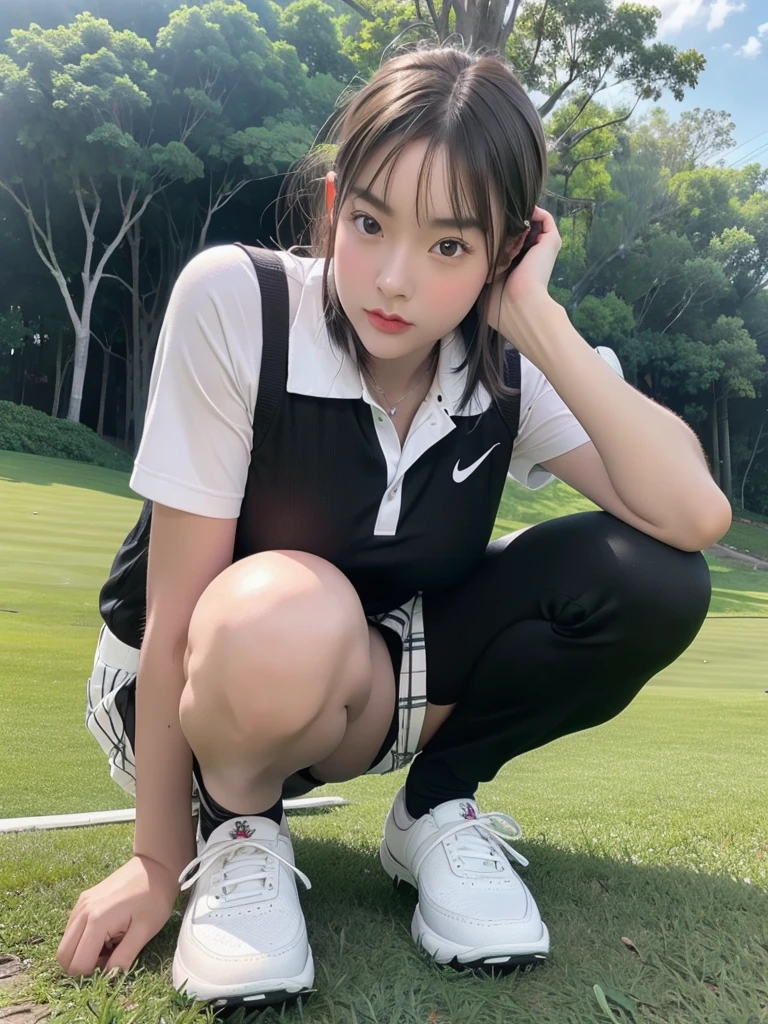 Beautiful girl with big, golf uniform,be a golfer,There was an old black man as a trainer.,golf course