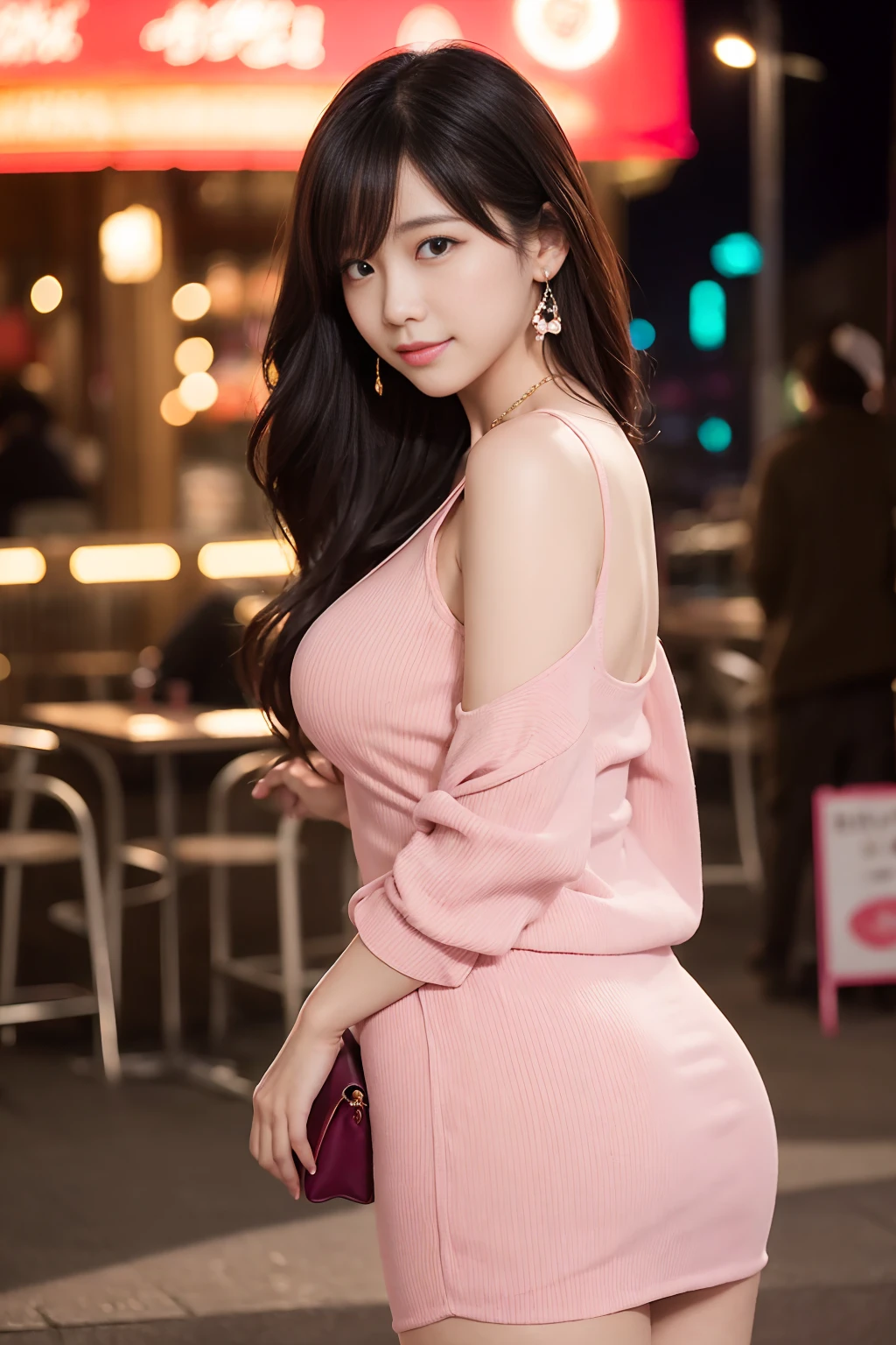「Beautiful Japanese woman in her early 20edium-long, lightly wavy black hair style。A kind smile。She is wearing a tight pastel pink dress.、A fitted top that accentuates large breasts、A tight skirt that accentuates the thighs and buttocks。Wear a thin white cardigan、She is wearing a small necklace and earrings。With clear skin、Photorealistic but with a touch of anime。Night city background、A date scene in front of a cafe or restaurant with shining illuminations。With a small handbag in her hand、Talking while walking。In a romantic atmosphere、Background with hazy light effect。Poses and angles that emphasize the female curves。」