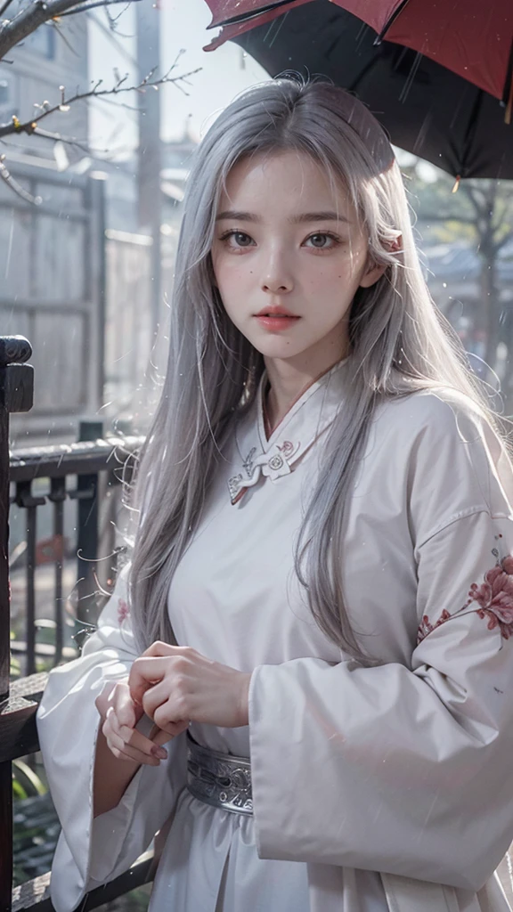 Masterpiece, best quality, night, outdoors, rainy days, branches, Chinese style, ancient China, 1 woman, mature woman, silver white long haired woman, gray blue eyes, light pink lips, cold, serious, weak, bangs, assassins, short knives, white clothes, black clothing patterns, blood stains, blood, injuries, blood on the face, blood on the clothes, rain, fine face, fine face,