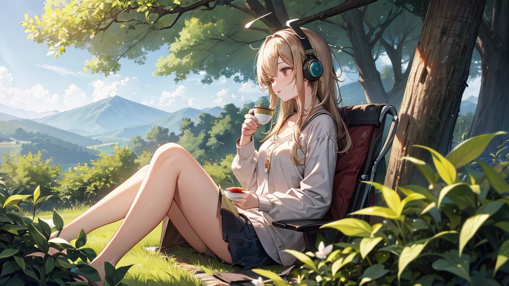((Highest quality、High resolution)),(Enjoying tea in the vast natural surroundings),(Woman wearing headphones),20-year-old,cute