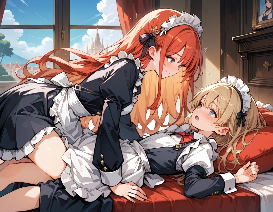 score_9, score_8_up, score_7_up, score_6_up, source_アニメ, highest quality, masterpiece, side view, 1girl and 1boy, (1boy femnin, otokonoko, femboy, long hair), futa is male, futa is bigger, femdom, forced, uncensored, AS, Fantasy,Princess,Maid, palace, Crossdresser, Futanari no Woman, anal sex