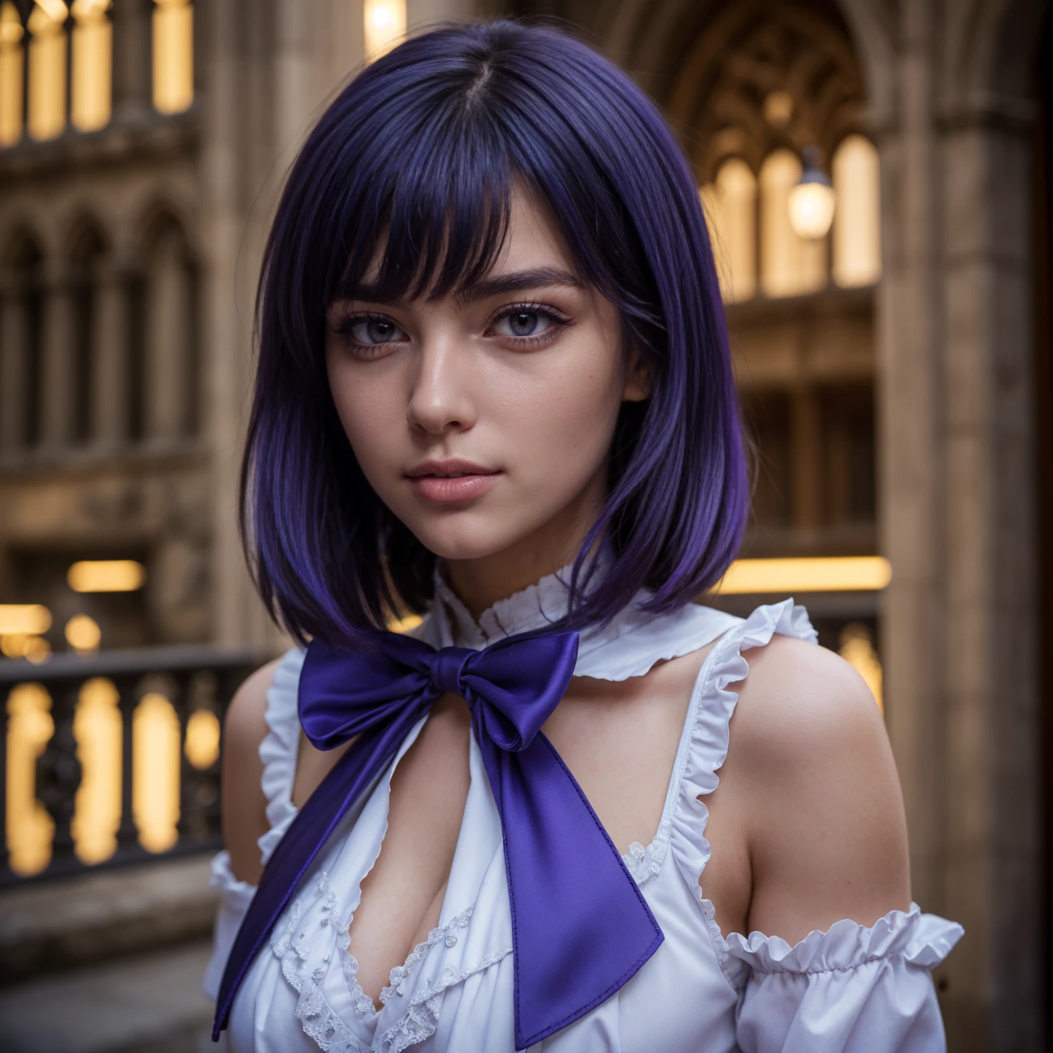 (1 lady), (Best quality at best:1.4), (ultra - detailed), (extremely detailed CG unified 16k), A Beautiful Woman with Perfect Figure: 1.4, Sharp Focus: 1.2, very detailed, High-definition RAW color photo, professional photoshooting, amazing face and eyes, cosmetics, (amazingly beautiful girl), ((frederica bernkastel)), ((purple bow, dress, frills, white kneehighs, kneehighs bow, mary janes, cat tail, tail ornament)), (Dark and stylish huge gothic cathedral from outside, city lights at night, city lights:1.3), (look from down), realistic cinematic face, photo portrait, shoulders to head view, photorealistic, ((realistic natural purple hair style, purple eyes, long hair, purple hair)), gorgeous, extremely beautiful face, perfect model beauty, pout mouth, Highly Detailed Face and Skin Texture, Detailed Eyes, Double Eyelids, Medium Breasts, Smile, cleavages, western, (masterpiece), best quality, high resolution, extremely detailed, blurred background, depth of field, cinematic lighting, clear and well-cared skin,