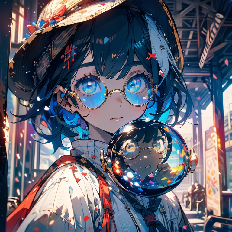 Highest quality、masterpiece、girl、shrine、pray、Round glasses、White and black hair、short hair