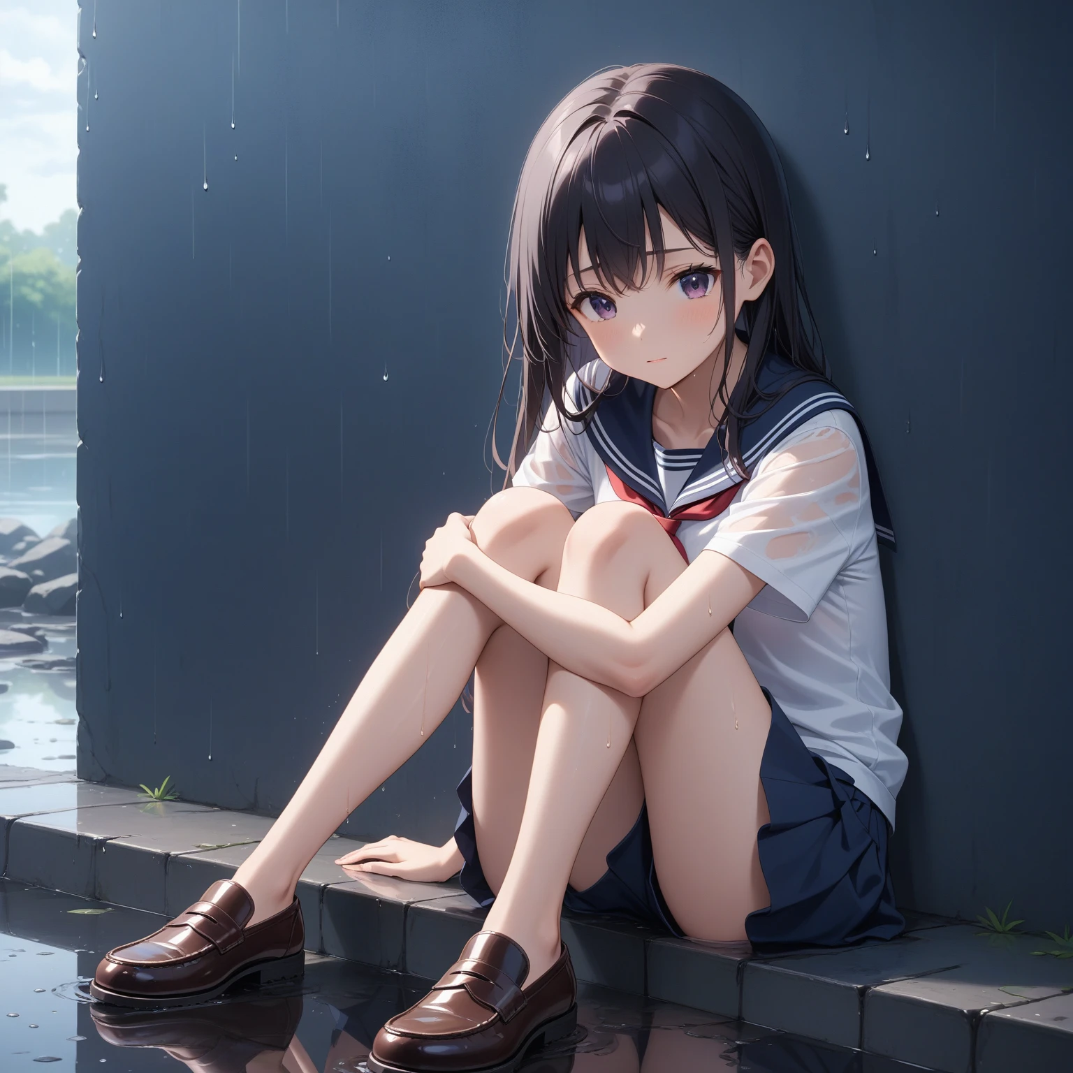 1girl、Black Hair、Sailor suit、Wet clothes、rain、evening、Reflection on the water、puddle、deep faint light 、 detailed CG、high resolution