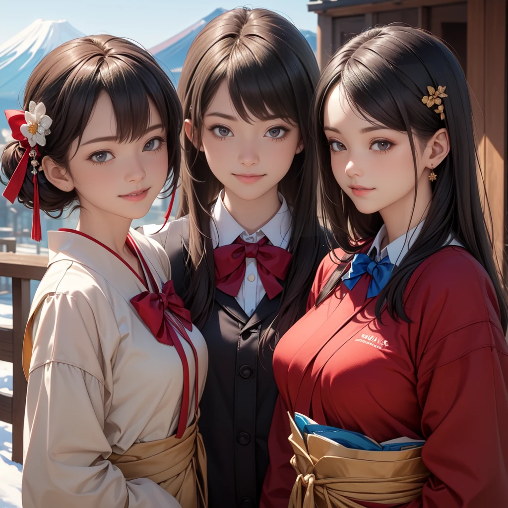 (8K, RAW Photos, Highest quality, masterpiece)),((Showing the kimono from the obi up：1.5)), High-resolution RAW color photos、 Professional close-up photography, (Realistic, フォトrealism: 1.37), (Highest quality), (Best Shadow), (Best illustrations), High-quality images、Skin Radiance、Texture of skin and clothing、 Expression of fine eyes、Shiny Hair,Long Hair Girl, Manga inspired by Lee Jong-suk, Trending on deviantart, realism, detailed manga style, Manga art style, Perfect Line Drawing, Beautiful line art, digital manga art girl, K-POPアイドル, Beautiful brown eyes, Fuller lips, Gorgeous face with attention to detail, (Cute Smile), attractive, Innocent, (Perfectly detailed face), (Detailed and carefully drawn hand) Photorealistic images, Written boundary depth, (Japanese style princess cut hairstyle:1.5), best quality, masterpiece, New Year, Three Japanese high-school cute girls, ((looking straight:1.7)), a short-sleeved Japanese-blue-high-school-sailor-suit, ((Reddish bow tie, with a school bag:1.5)) ((gently smiling:1.7)), ((upper arms hidden by clothes and hair:1.5)), (innocent and pure high-school-girls:1.7) (separately side by side:1.5), shrine background, (mount Fuji:1.3), ((snow)) winter(season), (outdoors:1.5)