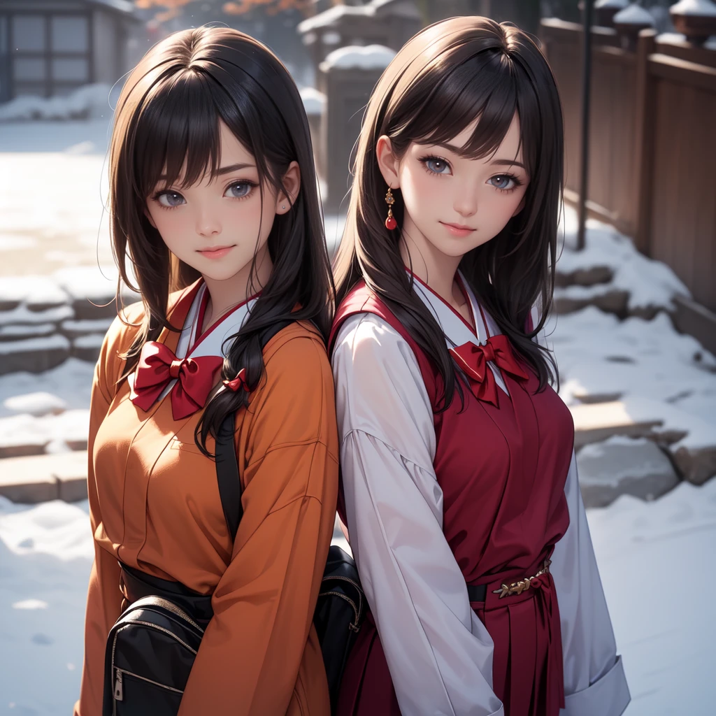 (8K, RAW Photos, Highest quality, masterpiece)),((Showing the kimono from the obi up:1.5)), High-resolution RAW color photos、 Professional close-up photography, (Realistic, フォトrealism: 1.37), (Highest quality), (Best Shadow), (Best illustrations), High-quality images、Skin Radiance、Texture of skin and clothing、 Expression of fine eyes、Shiny Hair,Long Hair Girl, Manga inspired by Lee Jong-suk, Trending on deviantart, realism, detailed manga style, Manga art style, Perfect Line Drawing, Beautiful line art, digital manga art girl, K-POPアイドル, Beautiful brown eyes, Fuller lips, Gorgeous face with attention to detail, (Cute Smile), attractive, Innocent, (Perfectly detailed face), (Detailed and carefully drawn hand) Photorealistic images, Written boundary depth, (Japanese style princess cut hairstyle:1.5), best quality, masterpiece, New Year, Three Japanese high-school cute girls, ((looking straight:1.7)), a short-sleeved Japanese-blue-high-school-sailor-suit, ((Reddish bow tie, with a school bag:1.5)) ((gently smiling:1.7)), ((upper arms hidden by clothes and hair:1.5)), (innocent and pure high-school-girls:1.7) (separately side by side:1.5), shrine background, (mount Fuji:1.3), ((snow)) winter(season), (outdoors:1.5)