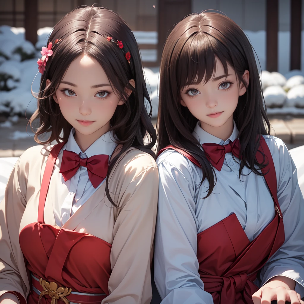(8K, RAW Photos, Highest quality, masterpiece)),((Showing the kimono from the obi up:1.5)), High-resolution RAW color photos、 Professional close-up photography, (Realistic, フォトrealism: 1.37), (Highest quality), (Best Shadow), (Best illustrations), High-quality images、Skin Radiance、Texture of skin and clothing、 Expression of fine eyes、Shiny Hair,Long Hair Girl, Manga inspired by Lee Jong-suk, Trending on deviantart, realism, detailed manga style, Manga art style, Perfect Line Drawing, Beautiful line art, digital manga art girl, K-POPアイドル, Beautiful brown eyes, Fuller lips, Gorgeous face with attention to detail, (Cute Smile), attractive, Innocent, (Perfectly detailed face), (Detailed and carefully drawn hand) Photorealistic images, Written boundary depth, (Japanese style princess cut hairstyle:1.5), best quality, masterpiece, New Year, Three Japanese high-school cute girls, ((looking straight:1.7)), a short-sleeved Japanese-blue-high-school-sailor-suit, ((Reddish bow tie, with a school bag:1.5)) ((gently smiling:1.7)), ((upper arms hidden by clothes and hair:1.5)), (innocent and pure high-school-girls:1.7) (separately side by side:1.5), shrine background, (mount Fuji:1.3), ((snow)) winter(season), (outdoors:1.5)
