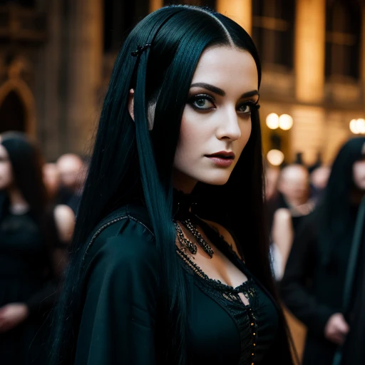 1 woman, European face, European eyes, pretty face, 30 years old, age 30, black long hair, black, green eyes, gothic style, wearing a long black dress, ultra detailed face, hyperrealistic, realistic representation, full body view, gothic style, dancing at a gothic festival