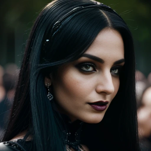 1 woman, European face, European eyes, pretty face, 30 years old, age 30, black long hair, black, green eyes, gothic style, wearing a long black dress, ultra detailed face, hyperrealistic, realistic representation, full body view, gothic style, dancing at a gothic festival