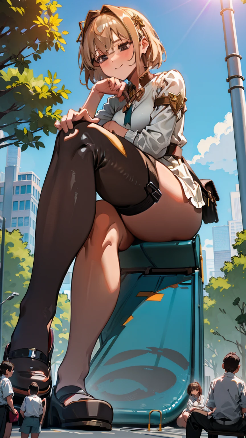 In a bustling city park, a giantess sits cross-legged, her towering figure surrounded by normal-sized people enjoying a sunny day. Children play at her feet, using her legs as makeshift slides, while adults sit nearby, basking in her protective presence and the sense of wonder she brings.

