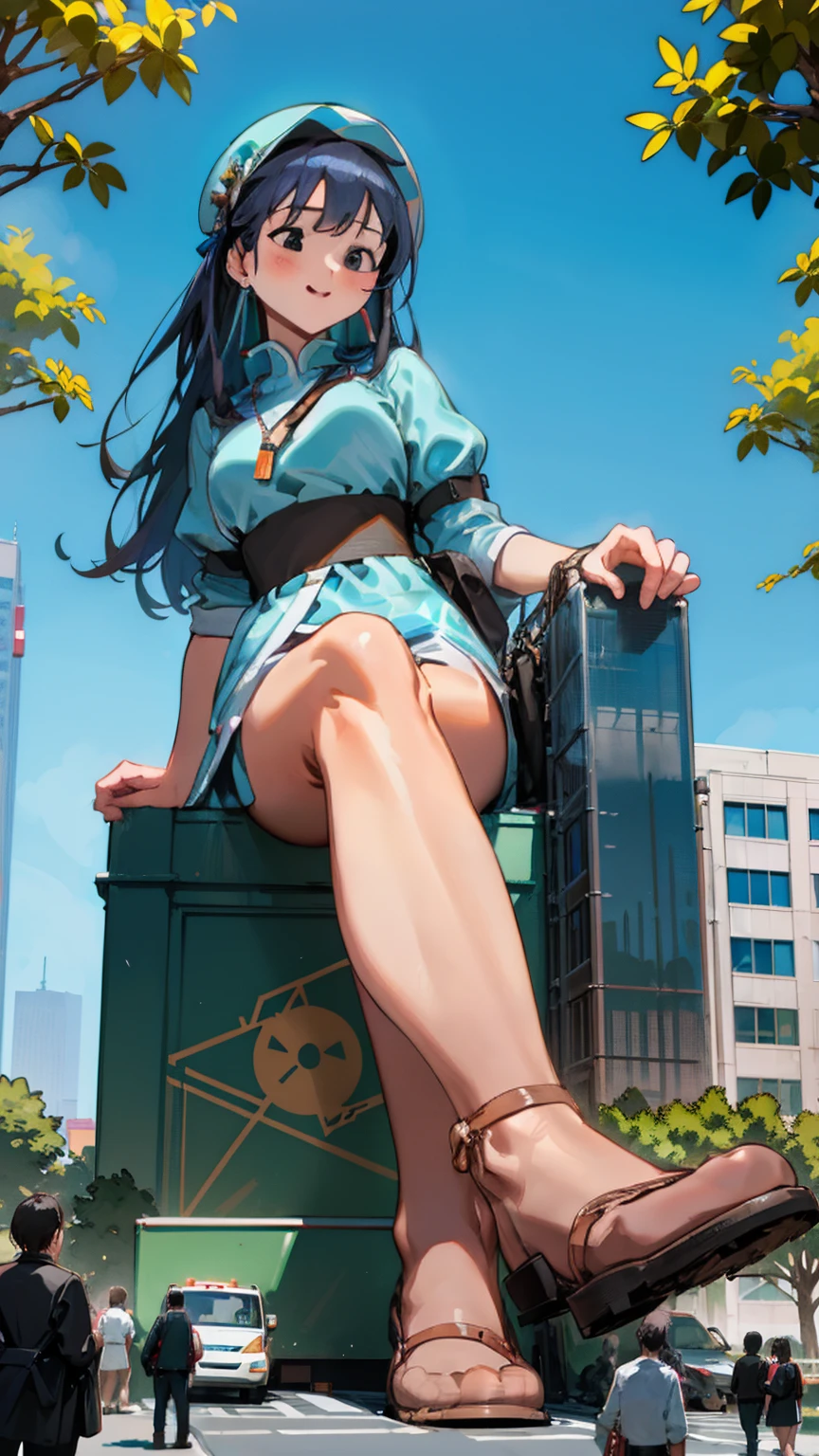 In a bustling city park, a giantess sits cross-legged, her towering figure surrounded by normal-sized people enjoying a sunny day. Children play at her feet, using her legs as makeshift slides, while adults sit nearby, basking in her protective presence and the sense of wonder she brings.