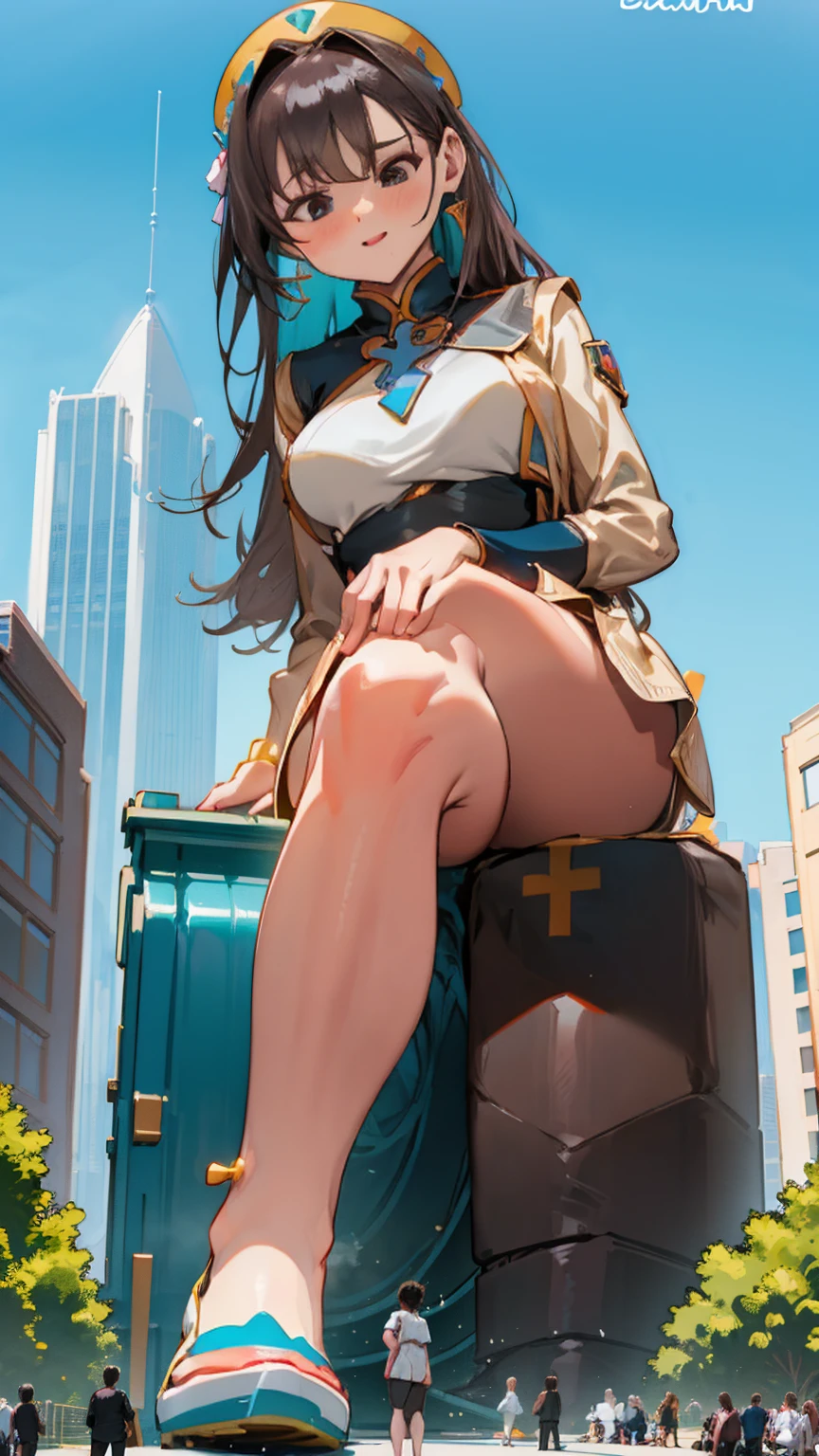 In a bustling city park, a giantess sits cross-legged, her towering figure surrounded by normal-sized people enjoying a sunny day. Children play at her feet, using her legs as makeshift slides, while adults sit nearby, basking in her protective presence and the sense of wonder she brings.

