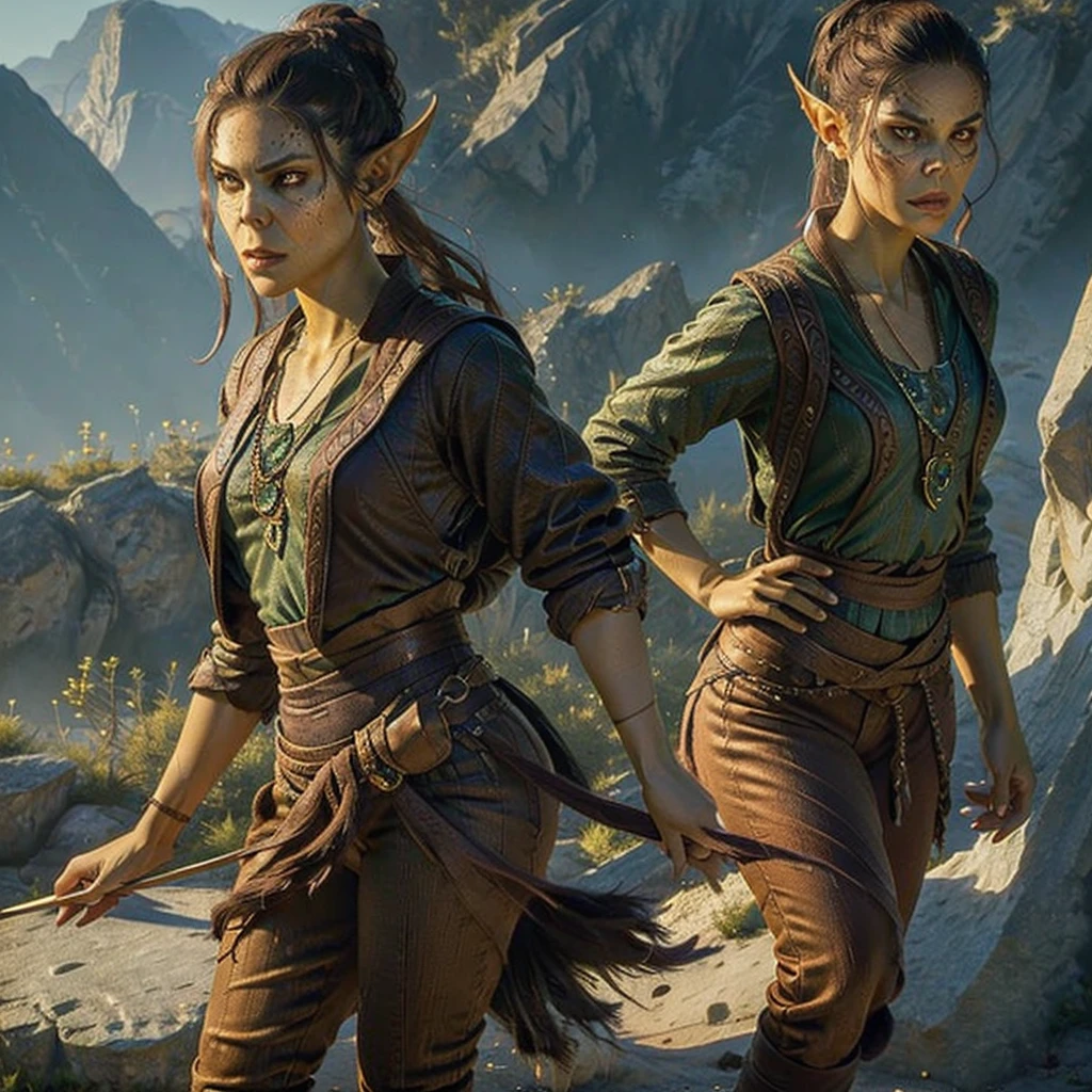 1girl, green tone, pointy ears, voldemort nose, necklace, hair bun, showing off her butt to the camera, wearing brown pants, (masterpiece, best quality), (((solo))), ultra-detailed, cinematic lighting, highly detailed face, detailed clothing folds, photorealistic, vibrant colors, smooth shading, sharp focus