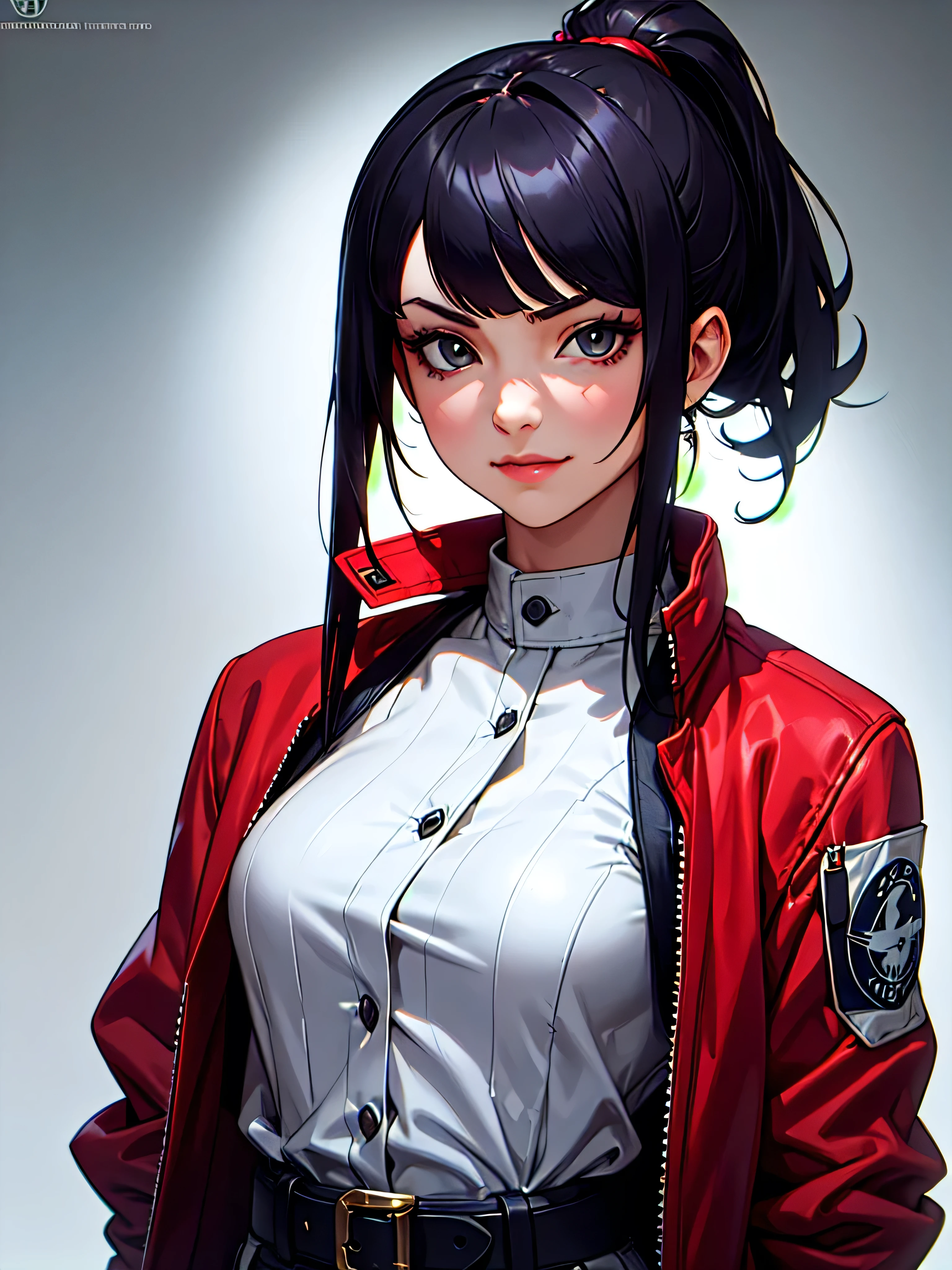 ((Portrait)), She has a Youthful and Slender Child-like Appearance, with Vibrant Charm, Fair Skin and a Small Build. She Expresses a Proud and Enthusiastic Look, Giving Off a Smug Attitude. She has Light Gray Eyes, and Her Hair is Short and Tousled, Jet Black, Tied in Short, High Ponytail with Uneven Bangs. She Wears a Oversized, Red Bomber-Style Jacket, with Straps and Belts Around Her Waist. ((Portrait, HDR, Dark Background))