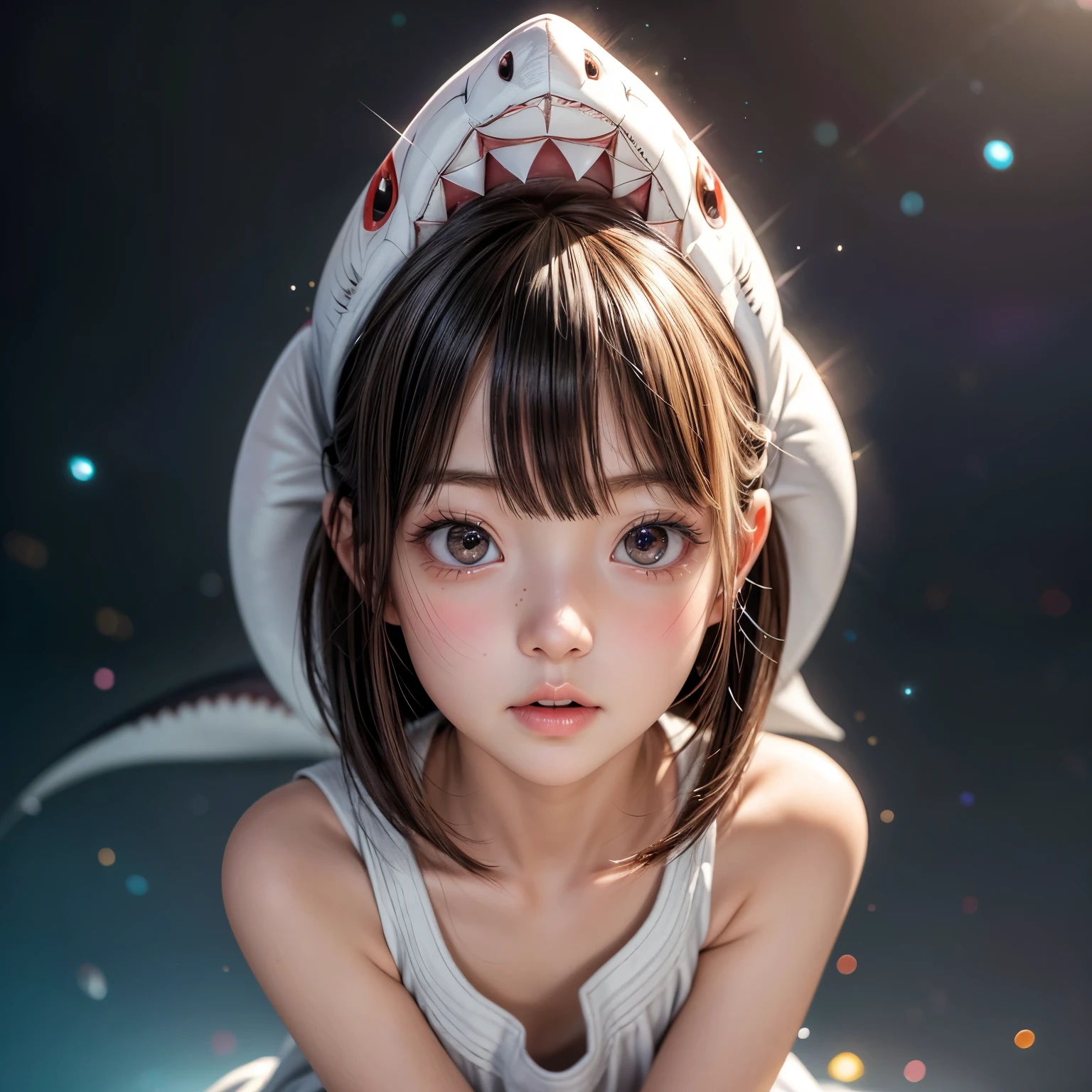 ((( stuffed full body Shark on Head))), 8k, High-level, absurd, masterpiece, best quality, primitive, very detailed CG, very detailed wallpaper, perfect lighting, Extremely detailed ((( personifying " Shark " as a  Girl))), MysticSight, Tyndall effect, Tyndall scattering, (Studio gray background with (Overflowing oodles Dazzling RainbowColorParticles (BokeH))), (RoundlyButts, ThighGap), (Exposed:0.4), (Assfocus with looking ahead) BREAK  (Acutance:0.88), (NOGIZAKA face variations) Extremely Detailed very KAWAII face variations, perfect anatomy, Childish, CaptivatingGaze ElaboratePupils detailed Eyes with (sparkling highlights:1.28), (Voluminous LongEyelashes:0.88)、GlossyRED Lips with beautiful details, RosyCheeks, Radiant PearlSkin with Transparency . { (Dynamic LifeLike expressions:1.4) | (:d) }, (large eyes:-1) . ((no animal ears))