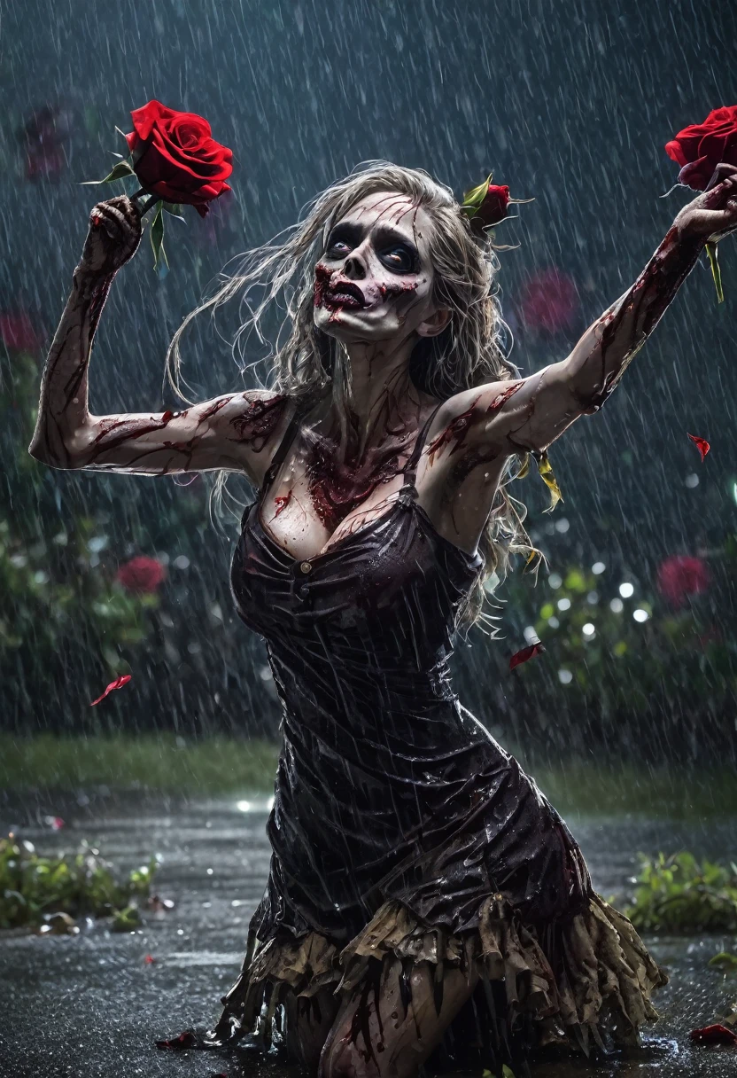 Thorny rose vines entwining around the body of a female zombie、Overflowing rose flowers、Wearing a dirty and damaged floral dress、Detailed decayed eyes、Detailed collapsed lips、Highly detailed skull-like face、Pale grass-colored skin、Sunken eye sockets、Big Breasts、Big Butt、(In the rain, a female zombie raises her arms, shows her armpits, and dances the Thriller dance:2.0)、Dark and gritty、Cinematic lighting、High contrast、Gloomy atmosphere、Super detailed、8K、Photorealistic、masterpiece、Horror、Gothic、Late Night
