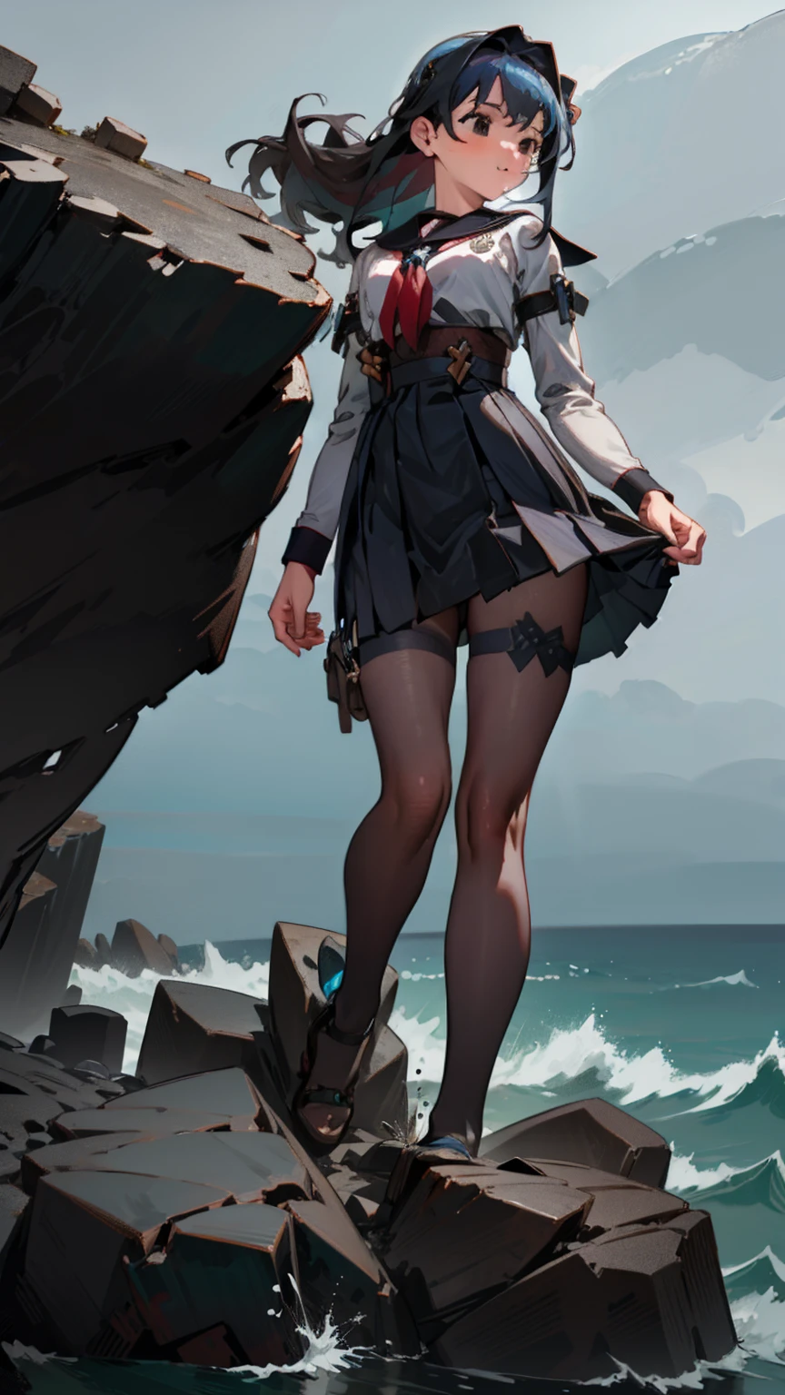 Amidst a stormy sea, a giantess stands firmly on a rocky outcrop, her body facing the raging waves. Normal-sized sailors cling to the rocks below her, finding solace and strength in her unwavering presence as she protects them from the tempest.