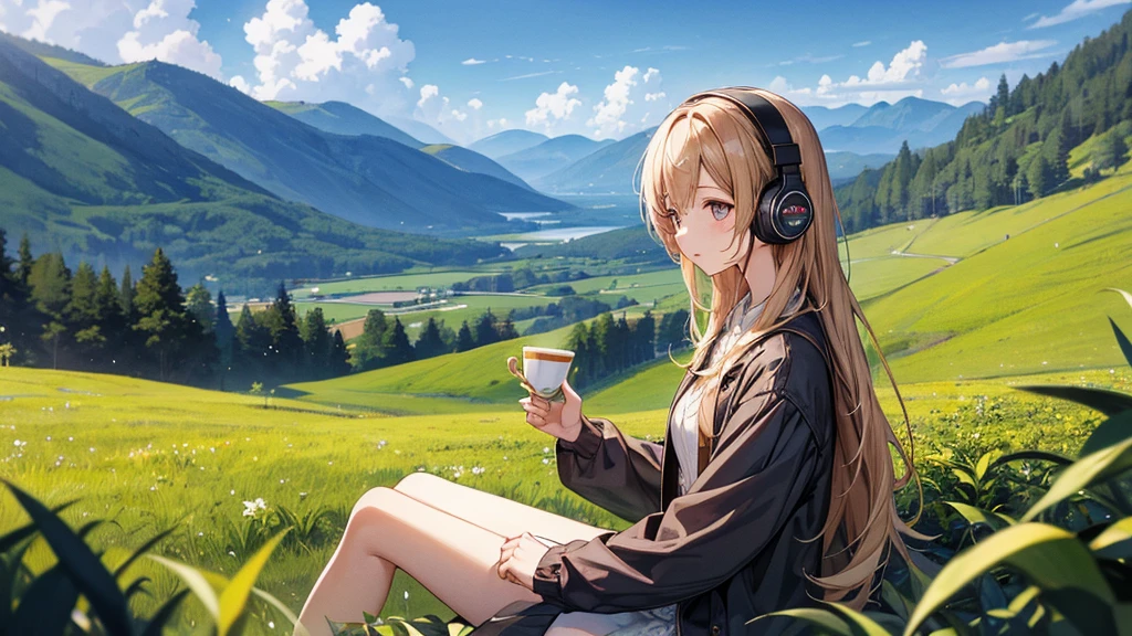 ((Highest quality、High resolution)),(Enjoying tea in the vast natural surroundings),(Woman wearing headphones),20-year-old,cute
