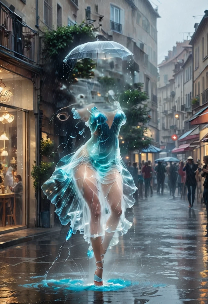 Une sublime femme invisible danse joyeusement sous la pluie,  l’eau de pluie d’une personne invisible coule sur elle  , Jour de pluie