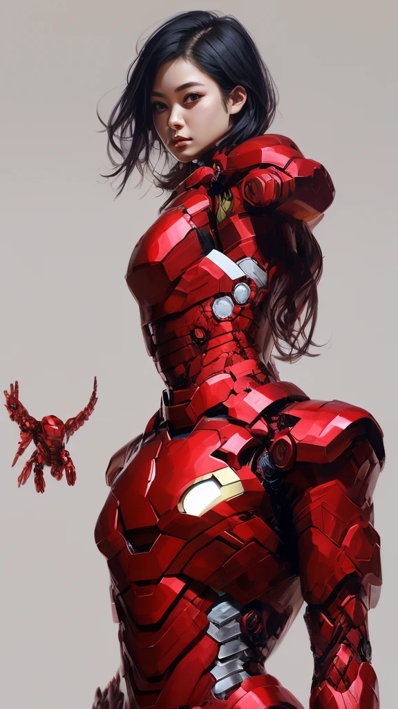 Upper Body、Asian、Short black hair、22 years old、Iron Man Design、Female body type、Large Breasts、Simple Background、