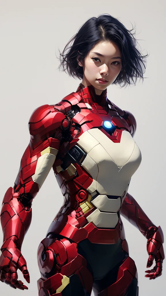 Upper Body、Asian、Short black hair、22 years old、Iron Man Design、Female body type、Large Breasts、Simple Background、