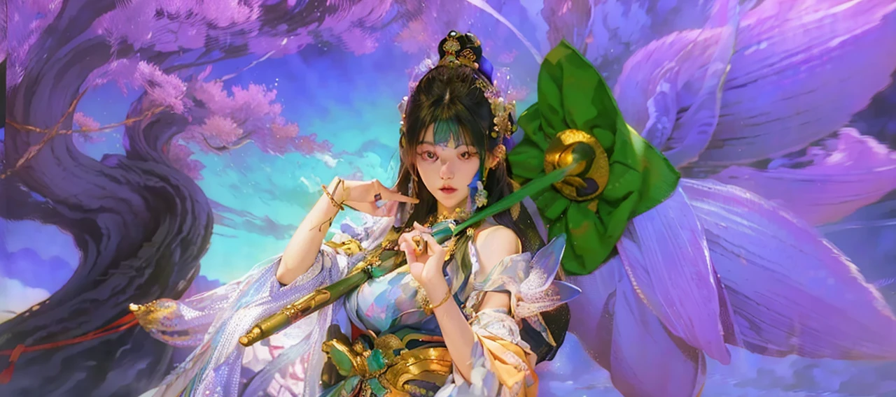 (RAW photo, best quality), (realistic, photo-realistic:1.3),best quality,highly detailed,masterpiece,ultra-detailed,illustration,1girl,upper_body,dynamic angle,world masterpiece theater,messy_long_hair,best quality,extremely detailed CG unity 8k wallpaper,ink,Amazing,cinematic lighting,lens_flare, dunhuang_style