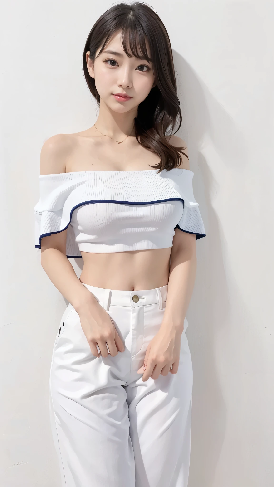 White off-the-shoulder top、Wide navy pants、Perfect Anatomy