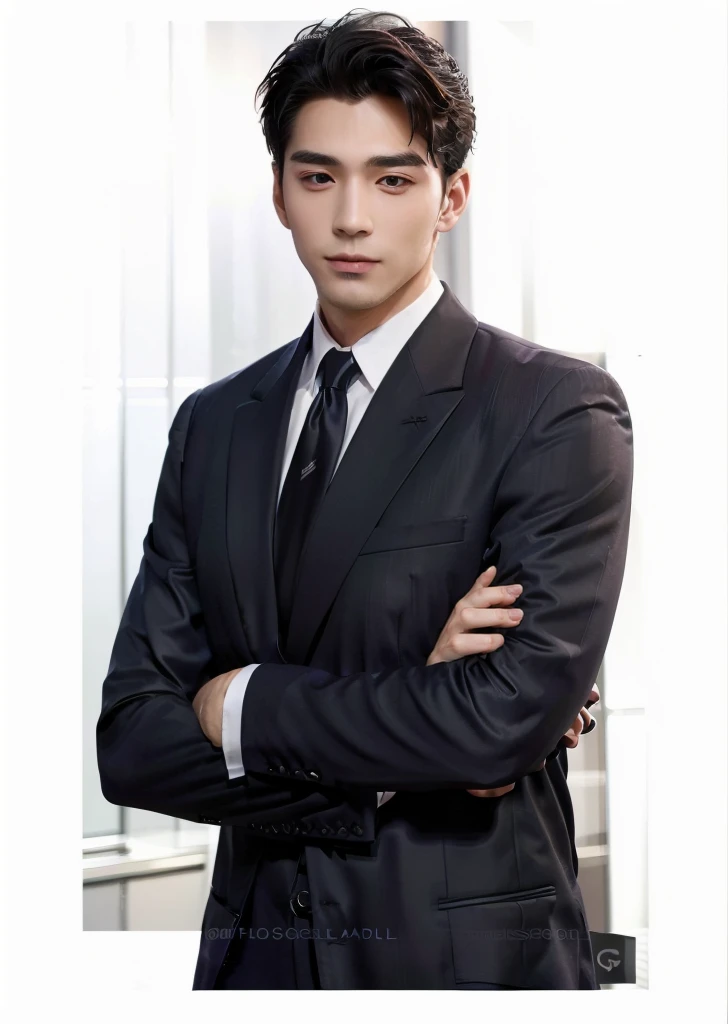 A man in a suit and tie stands with his arms crossed., Handsome and elegant, handsome man, Kaisa Salem, Official Photos, Handsome and charming, promotional pictures, Pose in style, handsome man, doing a graceful pose